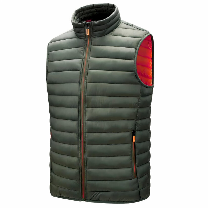 Auf weißem Hintergrund, eine ärmellose, taillierte, khakifarbene, gesteppte Daunenjacke mit orangefarbenem Kragen und orangefarbener Innenwattierung.