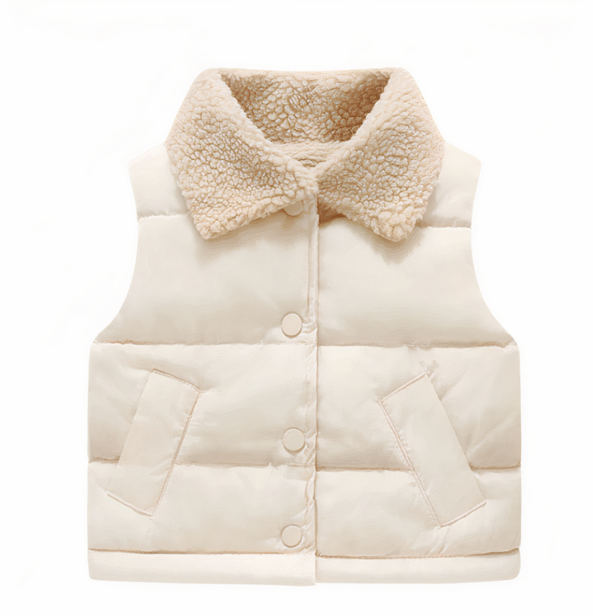 Beigefarbene, ärmellose Daunenjacke mit Fleecefutter für Kinder Sie sehen eine hübsche, ärmellose Daunenjacke, die mit falschem Schaffell gefüttert ist. Sie ist beige und ein Modell für Kinder auf weißem Hintergrund.