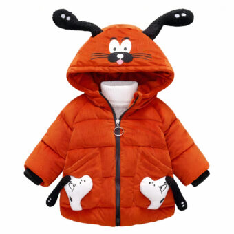 Sehr hübsche Daunenjacke aus geripptem Samt mit einem Hasen. Die Kapuze ist mit langen Ohren, kleinen Augen und einer Schnauze verziert.