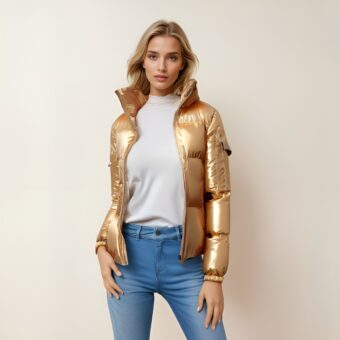 Eine Frau mit blondem Haar, die mit dem Rücken zu einer beigen Wand steht und eine blaue Röhrenjeans, ein weißes Oberteil und eine glänzende, gesteppte Daunenjacke mit goldener Kapuze trägt, die vorne offen ist.