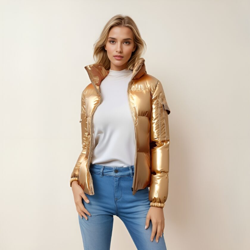 Eine Frau mit blondem Haar, die mit dem Rücken zu einer beigen Wand steht und eine blaue Röhrenjeans, ein weißes Oberteil und eine glänzende, gesteppte Daunenjacke mit goldener Kapuze trägt, die vorne offen ist.