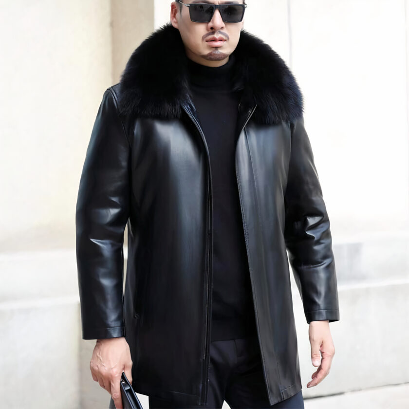 Mann, der eine schwarze Daunenjacke mit Pelz und eine Sonnenbrille trägt, weißer Hintergrund.