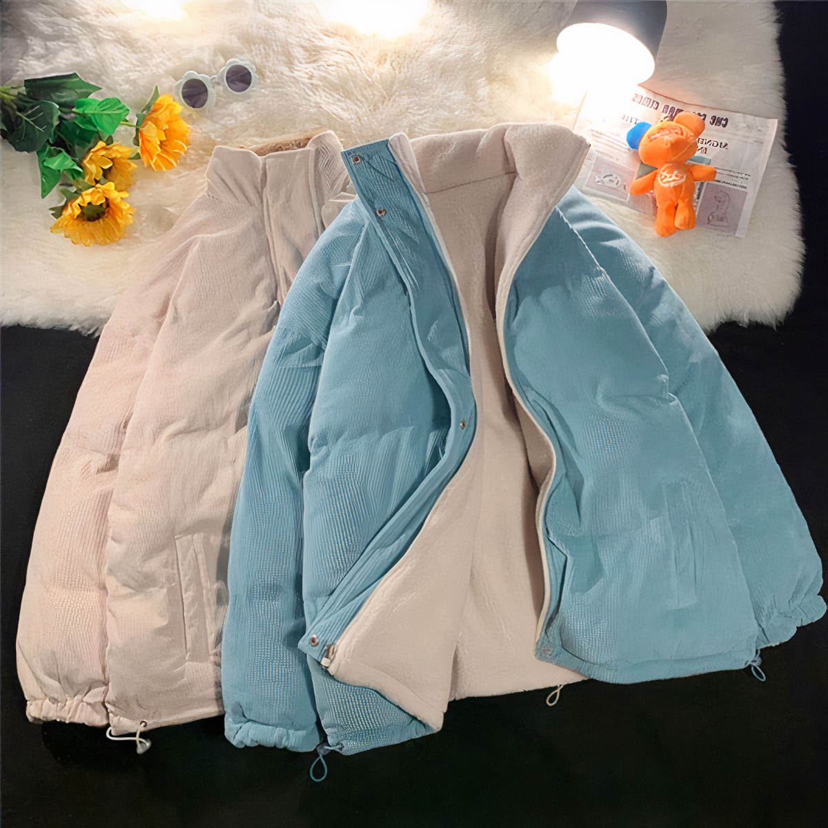 Wir sehen eine doppelseitige Daunenjacke: eine Seite beige und eine Seite blau. Eine Seite ist eine Daunenjacke, die andere ein Fleece.