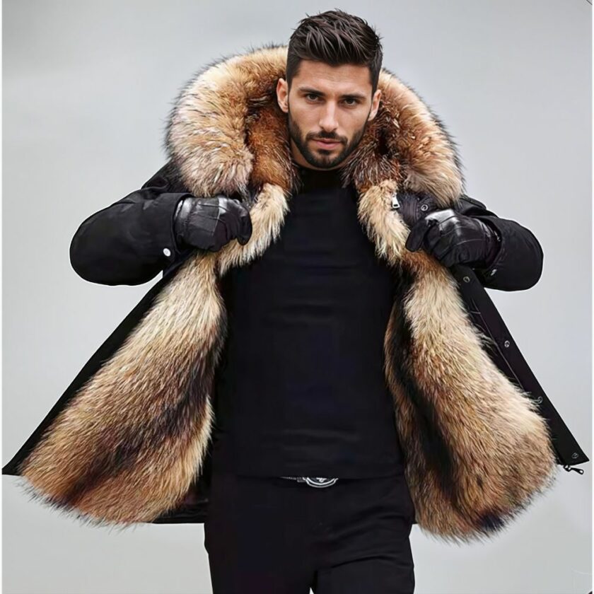 sie sehen einen dunkelhaarigen Mann, der eine schwarze Daunenjacke mit einem Innenfutter aus Kunstpelz trägt