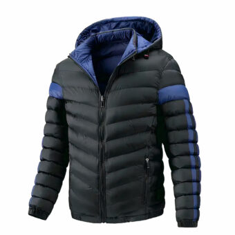 wasserdichte, wendbare Herren-Ski-Daunenjacke in Blau und Schwarz auf weißem Hintergrund