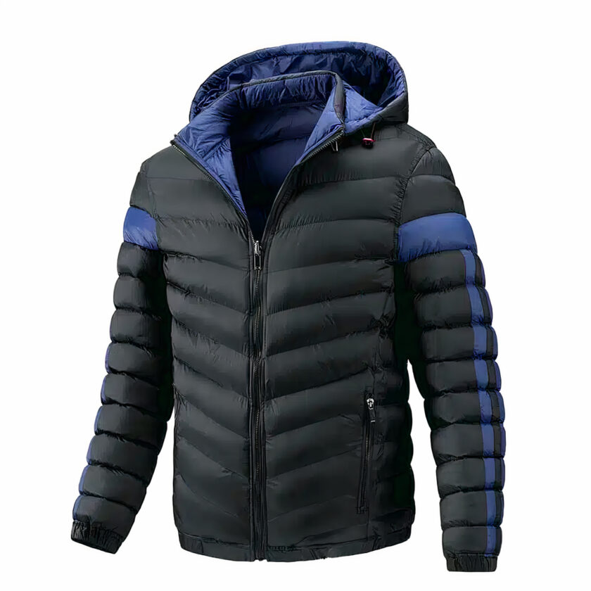 wasserdichte, wendbare Herren-Ski-Daunenjacke in Blau und Schwarz auf weißem Hintergrund