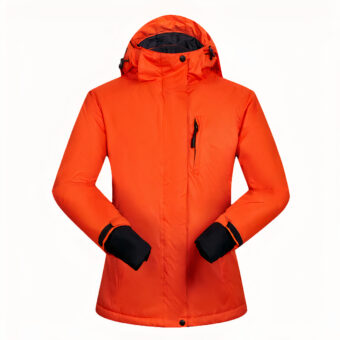 Orangefarbene Ski-Daunenjacke mit schwarzen Bündchen.