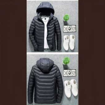Hochgeschlossene, beheizbare Daunenjacke für Herren, schwarz, auf grauem und braunem Hintergrund mit Farbverlauf.