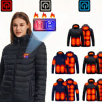 Schwarze, elektrisch beheizbare Daunenjacke für Frauen mit weißem Hintergrund
