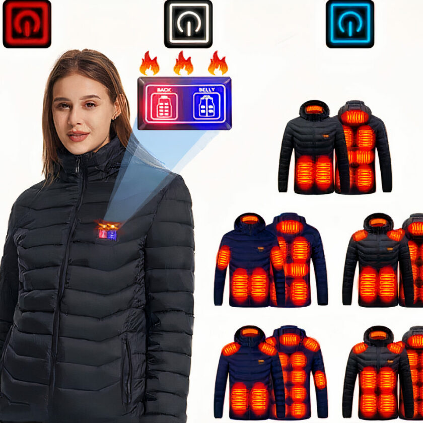 Schwarze, elektrisch beheizbare Daunenjacke für Frauen mit weißem Hintergrund