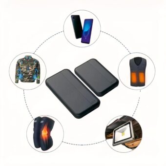 Kleine externe Batterie mit wärmender Daunenjacke, auf weißem Hintergrund.