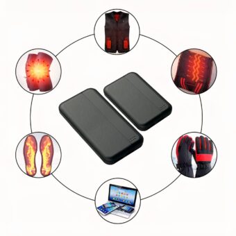 Externe Batterie mit wärmender Daunenjacke auf weißem Hintergrund.