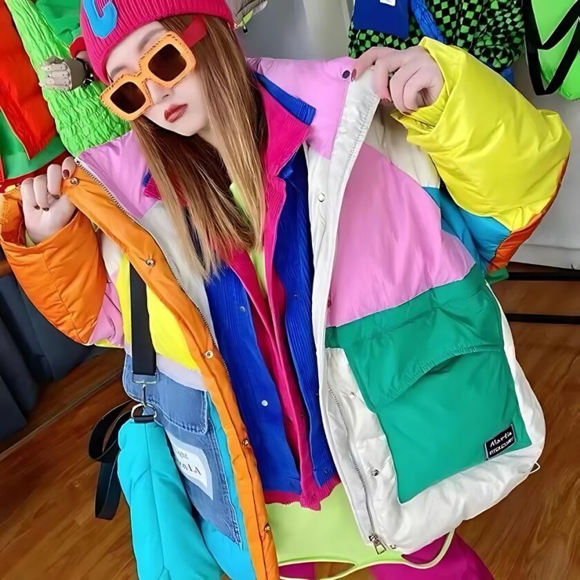 Junge Frau, die eine ausgefallene Daunenjacke mit Tasche aus Jeansstoff trägt. Diese Daunenjacke ist mehrfarbig und sehr spritzig. Das Ensemble mit seinen lebhaften Farben und der kontrastierenden Tasche strahlt eine fröhliche und kühne Stimmung aus, die eine originelle und einzigartige Persönlichkeit widerspiegelt, die bereit ist, sich stilvoll abzuheben