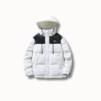 Weiße Damen-Ski-Daunenjacke mit Kapuze, modernes Design mit schwarzen Einsätzen, bietet Schutz vor Kälte.