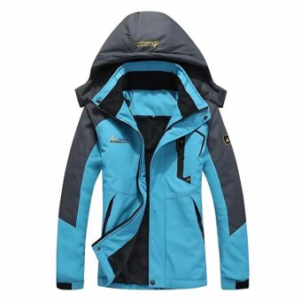 Ski- und Hochgebirgsjacke für Damen, hellblau mit dunkelgrauen Akzenten, abnehmbare Kapuze, Reißverschlusstaschen und warmes Innenfutter