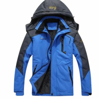 Damen-Ski- und Hochgebirgs-Daunenjacke, blau mit dunkelgrauen Akzenten, abnehmbare Kapuze, Reißverschlusstaschen und warmes Innenfutter